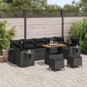 Set Divano da Giardino con cuscino 10 pcs Nero polyrattan