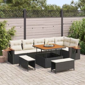 Set Divano da Giardino con cuscino 9 pcs Nero Poly Rattan