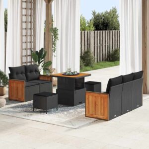 Set Divano da Giardino con cuscino 8 pcs Nero Poly Rattan