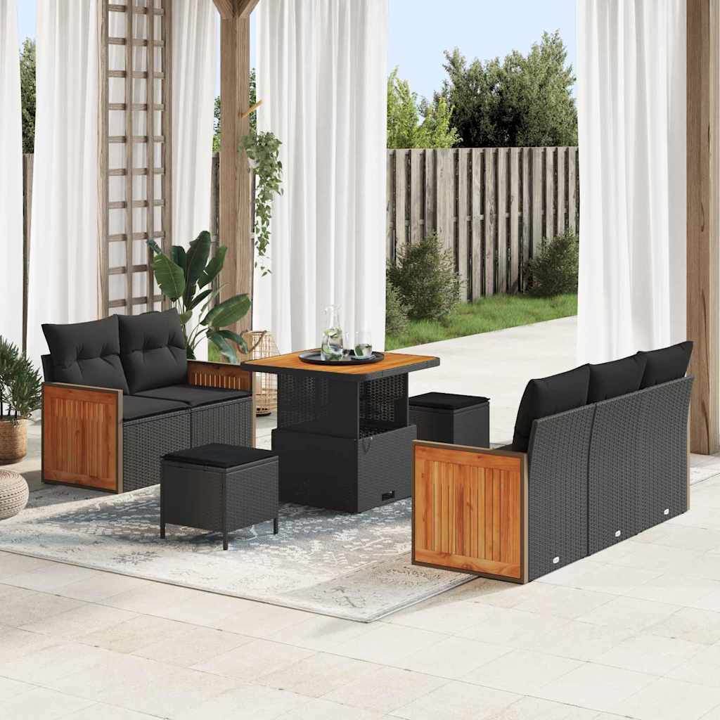 Set Divano da Giardino con cuscino 8 pcs Nero Poly Rattan