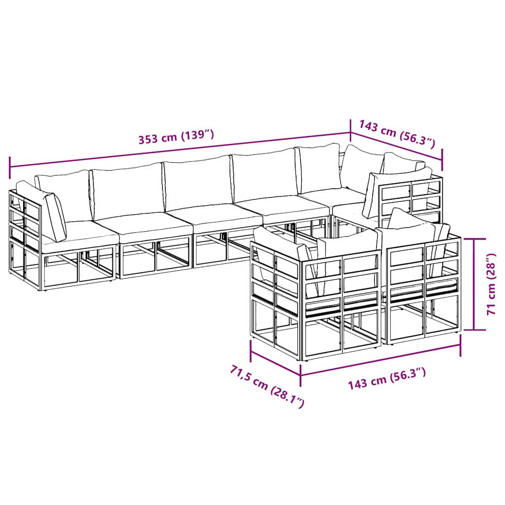 Set Divano da Giardino con cuscino 8 pcs Nero Alluminio - immagine 9