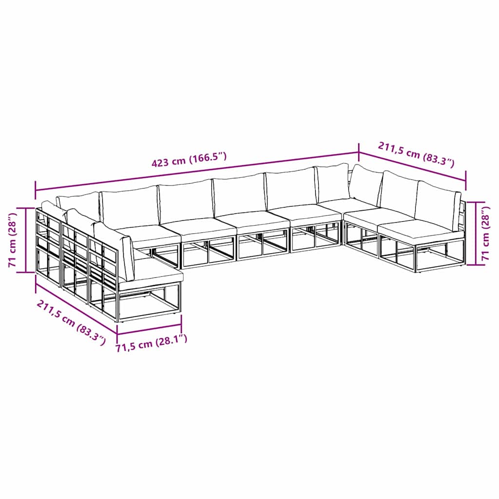 Set Divano da Giardino con cuscino 10 pcs Nero Alluminio - immagine 9