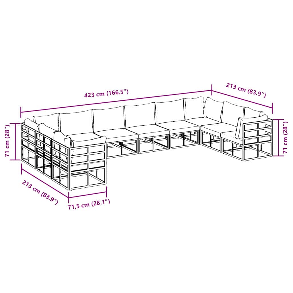Set Divano da Giardino con cuscino 10 pcs Nero Alluminio - immagine 9