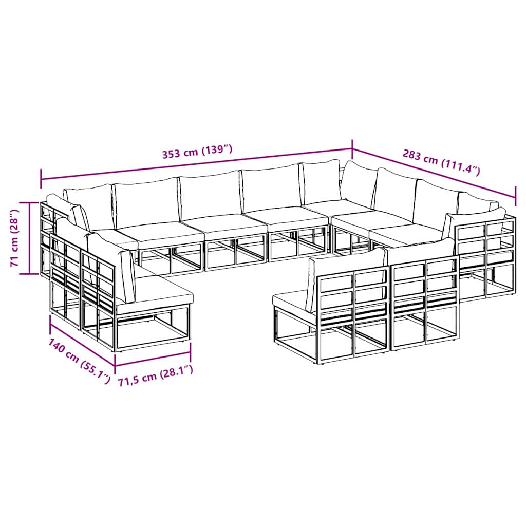 Set Divano da Giardino con cuscino 12 pcs Nero Alluminio - immagine 9
