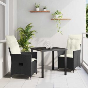 Set da Pranzo per Giardino con cuscino 3 pcs Nero Poly Rattan