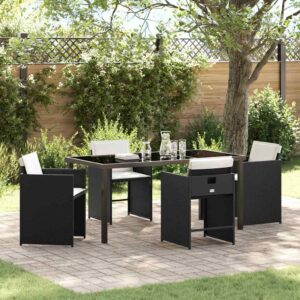 Set da Pranzo per Giardino con cuscino 5 pcs Nero Poly Rattan