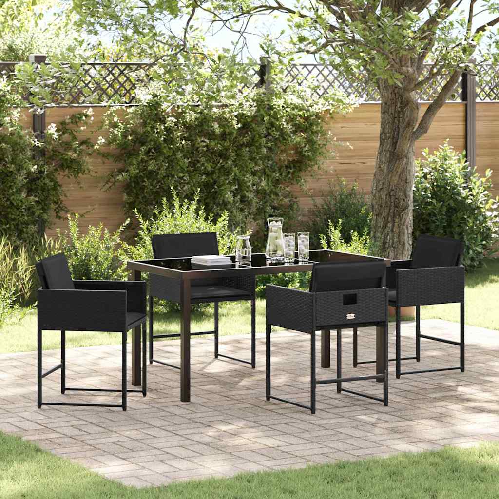 Set da Pranzo per Giardino con cuscino 5 pcs Nero Poly Rattan