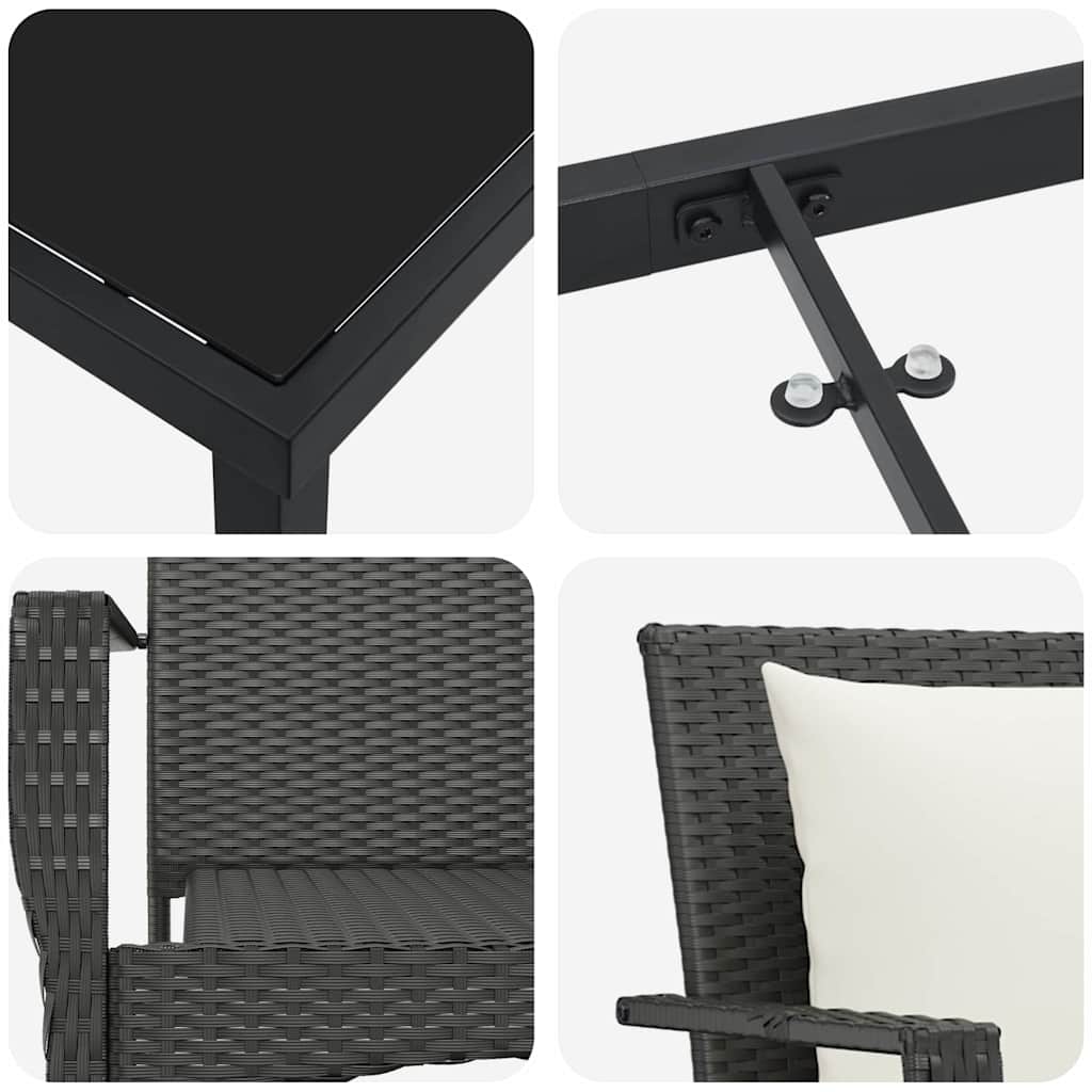 Set da Pranzo per Giardino con cuscino 3 pcs Nero Poly Rattan - immagine 9