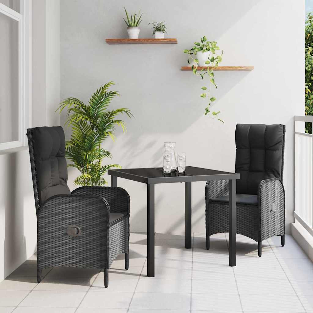 Set da Pranzo per Giardino con cuscino 3 pcs Nero Poly Rattan