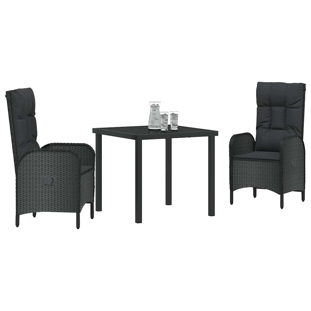 Set da Pranzo per Giardino con cuscino 3 pcs Nero Poly Rattan - immagine 3