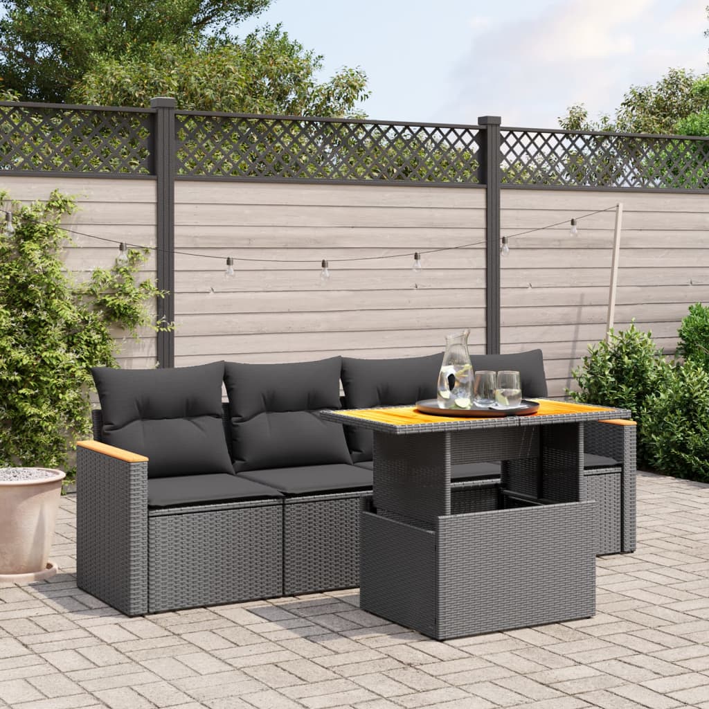 Set Divano da Giardino 5 pz con Cuscini Beige Polyrattan Acacia