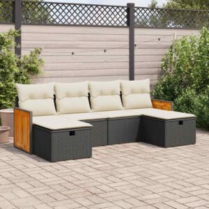 Set Divano da Giardino 6 pz con Cuscini Nero in Polyrattan