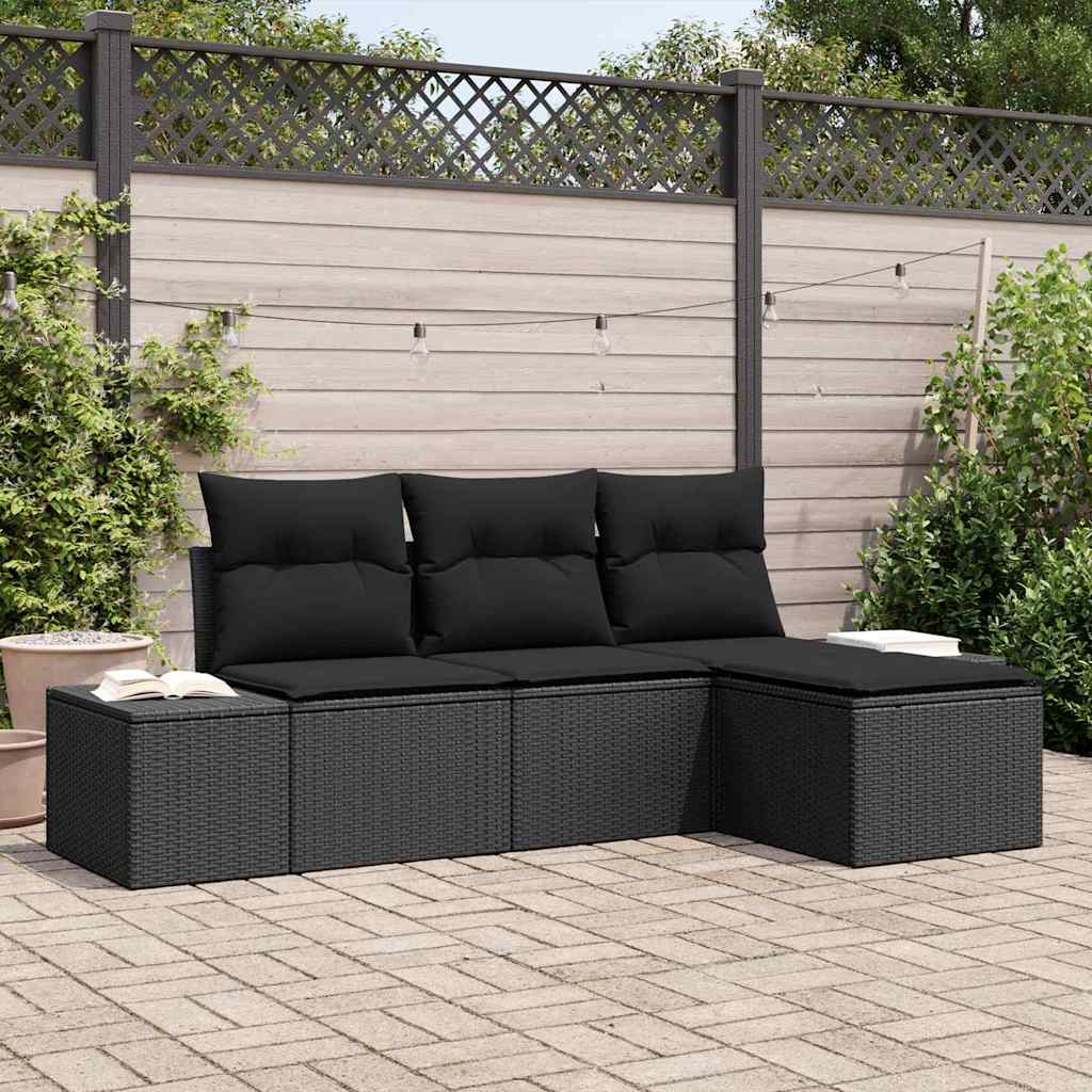 Set Divano da Giardino con cuscino 4 pcs Nero polyrattan