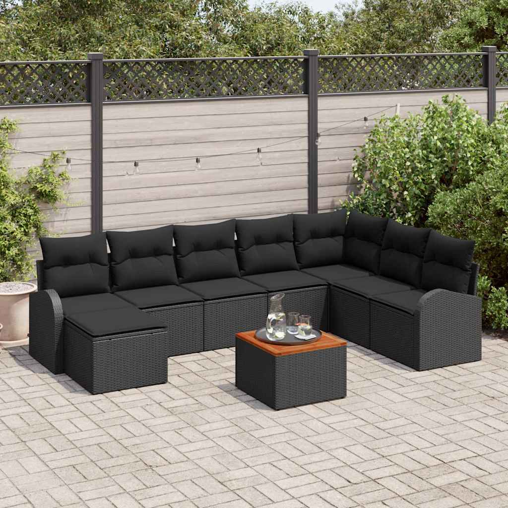 Set Divano da Giardino con cuscino 9 pcs Nero Poly Rattan