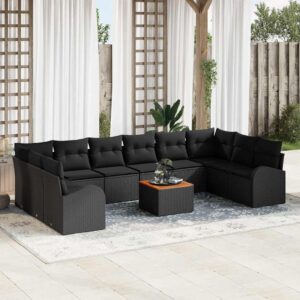 Set Divano da Giardino con cuscino 11 pcs Nero polyrattan