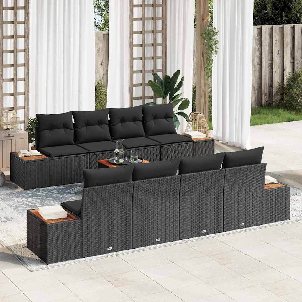 Set Divano da Giardino con cuscino 9 pcs Nero Poly Rattan