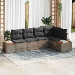 Set Divano da Giardino con cuscino 6 pcs Nero Poly Rattan