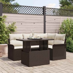Set Divano da Giardino con cuscino 5 pcs Nero Poly Rattan