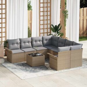 Set Divano da Giardino 9 pcs Grigio Polyrattan, Acciaio e Vetro