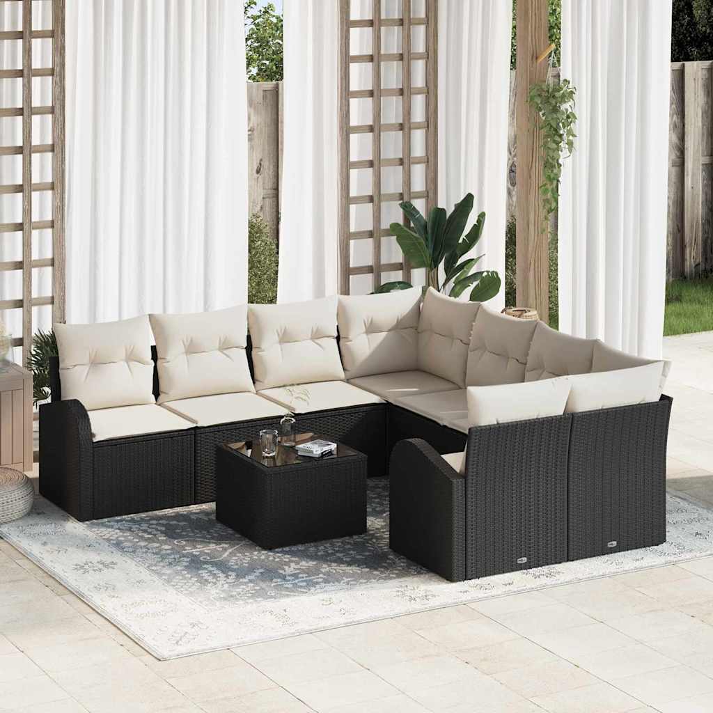 Set Divano da Giardino 9 pcs Nero e Crema 55 x 55 x 37 cm