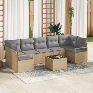 Set Divano da Giardino 8 pcs Grigio Polyrattan, Acciaio e Vetro