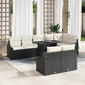 Set Divano da Giardino 9 pcs Nero e Crema 100 x 55 x 73 cm