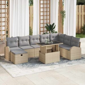 Set Divano da Giardino con cuscino 9 pcs Beige Poly Rattan