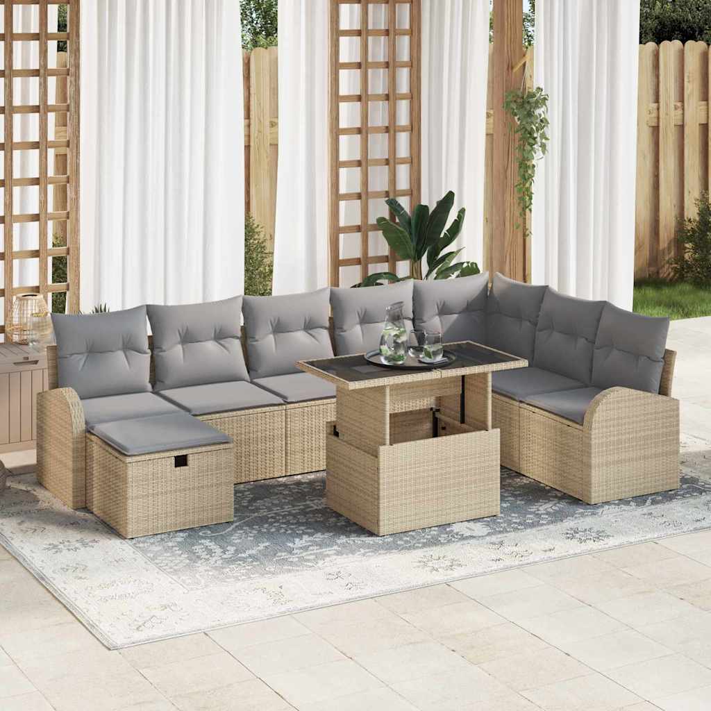 Set Divano da Giardino con cuscino 9 pcs Beige Poly Rattan