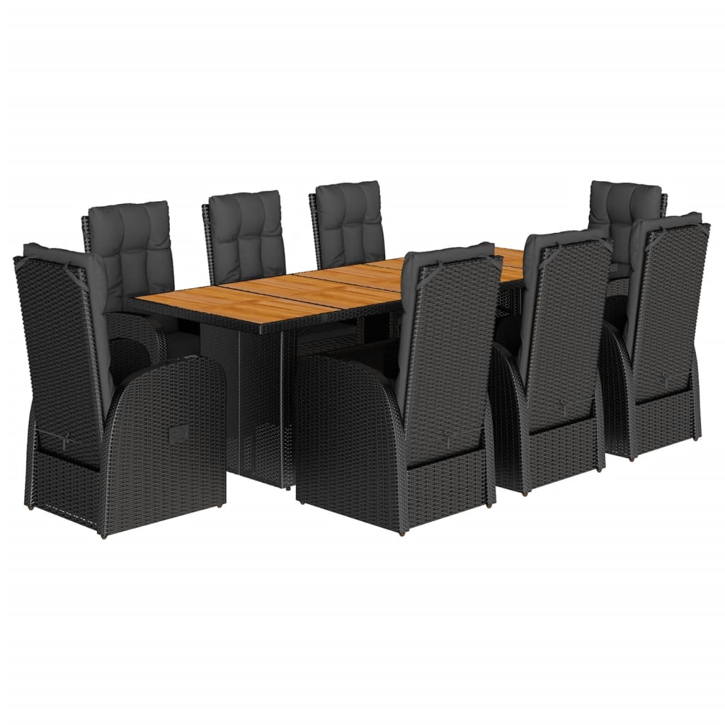 Set da Pranzo da Giardino 9 pz con Cuscini Nero in Polyrattan - immagine 2