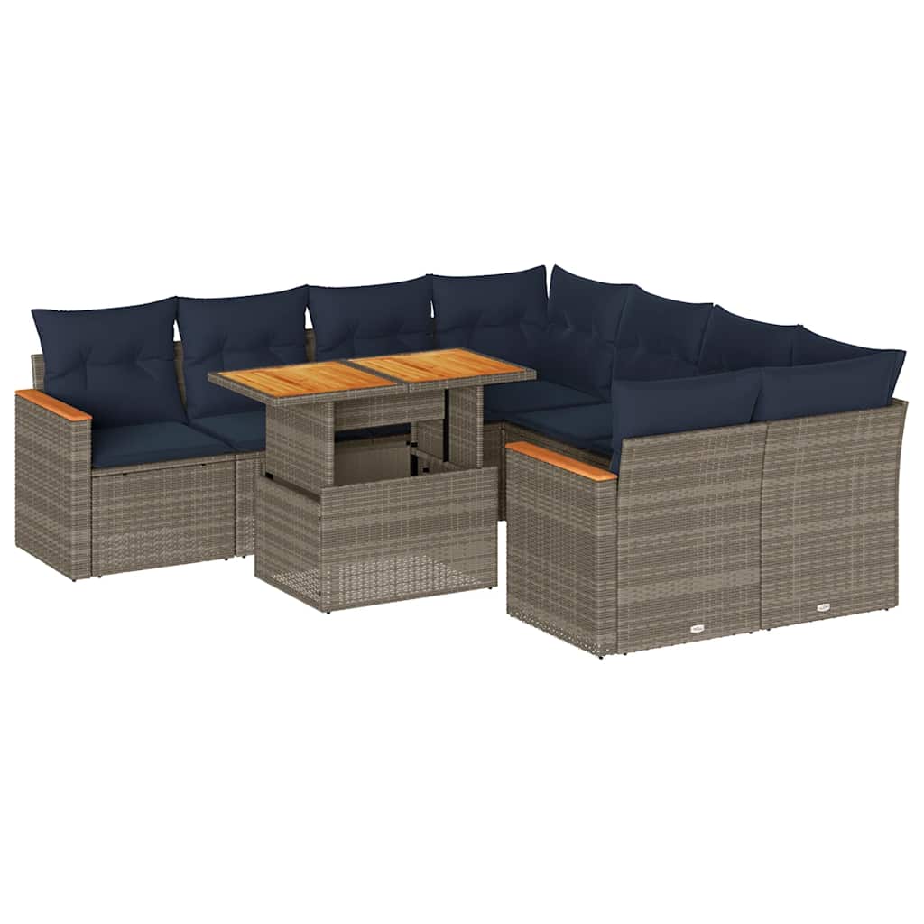 Set Divano da Giardino 9 pz con Cuscini Grigio in Polyrattan - immagine 2