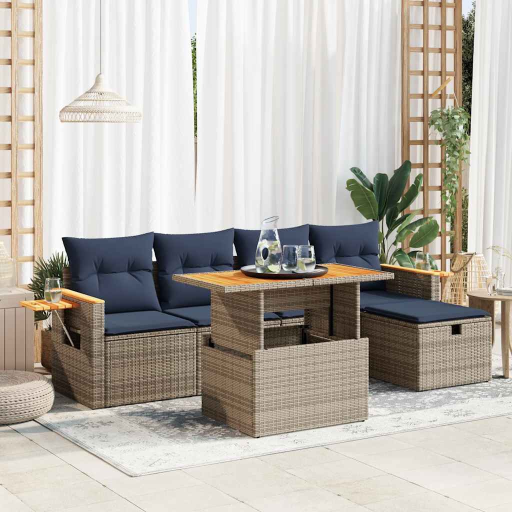 Set Divano da Giardino 6pz con Cuscini Grigio Polyrattan Acacia