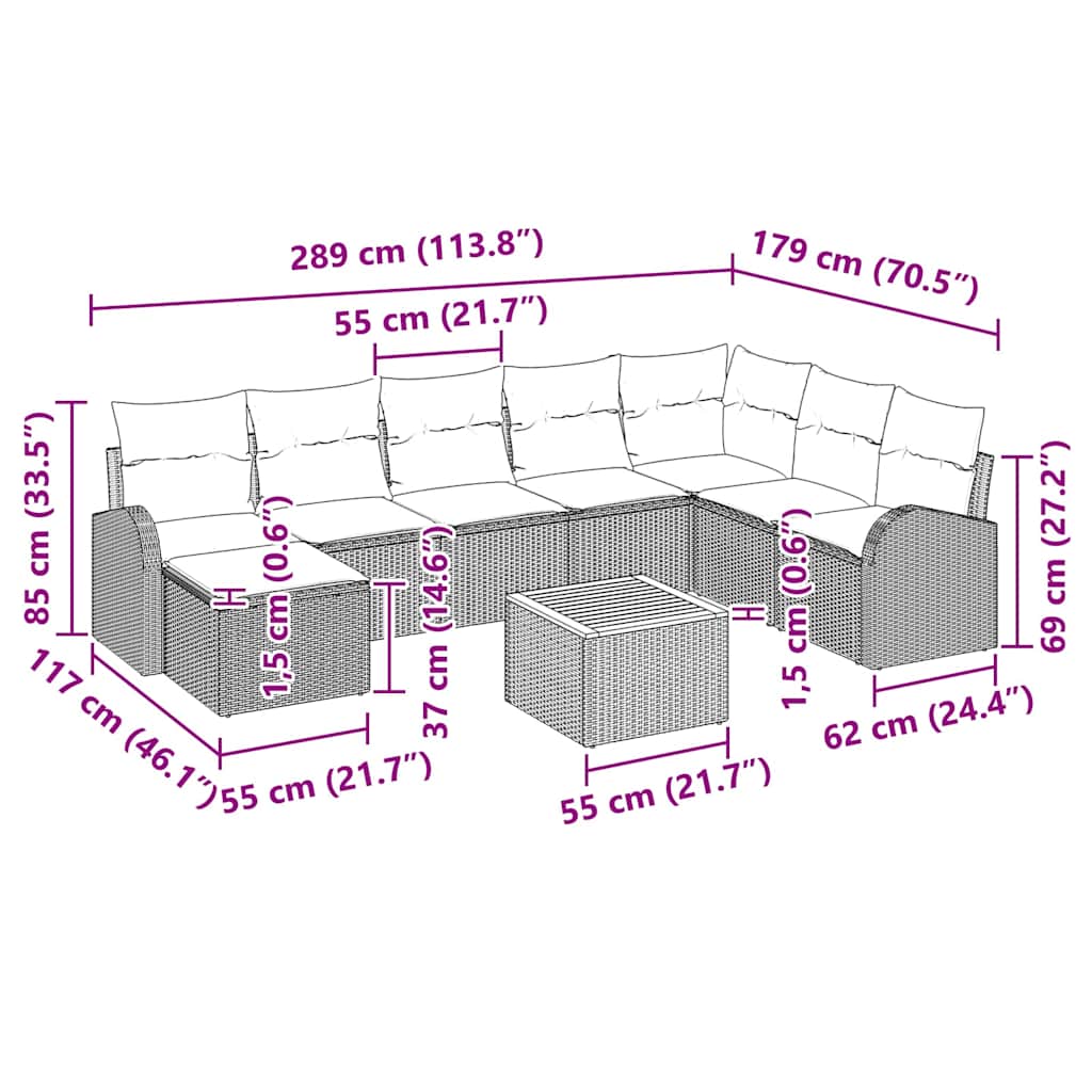 Set Divano da Giardino con cuscino 9 pcs Nero Poly Rattan - immagine 9