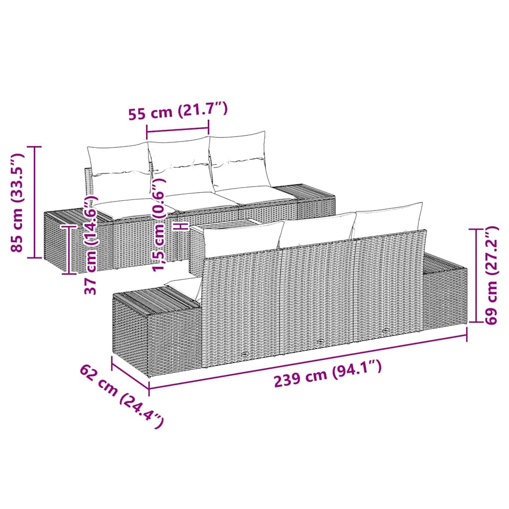Set Divano da Giardino con cuscino 7 pcs Grigio Poly Rattan - immagine 8