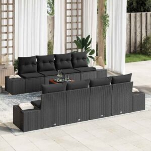 Set Divano da Giardino con cuscino 9 pcs Nero Poly Rattan