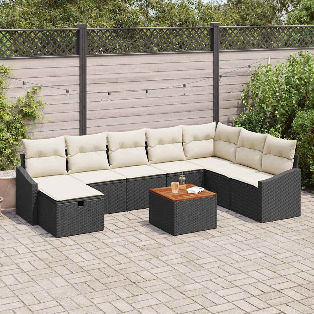 Set Divano da Giardino con cuscino 9 pcs Nero Poly Rattan