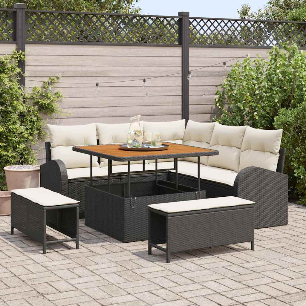 Set Divano da Giardino con cuscino 9 pcs Nero e Crema