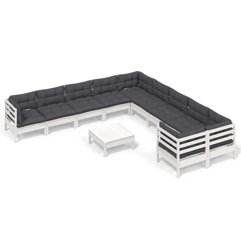 Set Divani da Giardino 11 pz con Cuscini Bianchi Legno di Pino - immagine 2