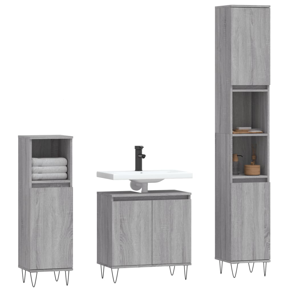 Set Mobili da Bagno 3 pz Grigio Sonoma in Legno Multistrato - immagine 3