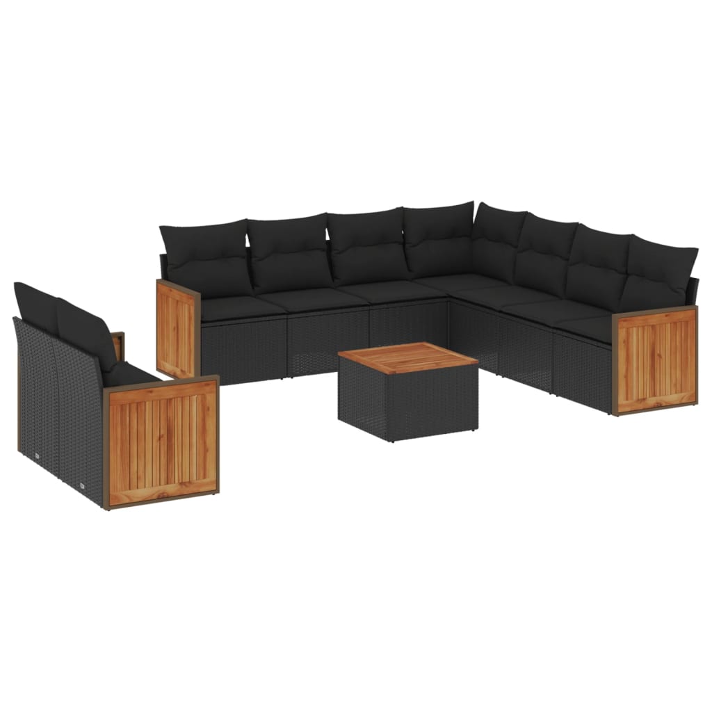 Set Divani da Giardino 10pz con Cuscini in Polyrattan Nero - immagine 2