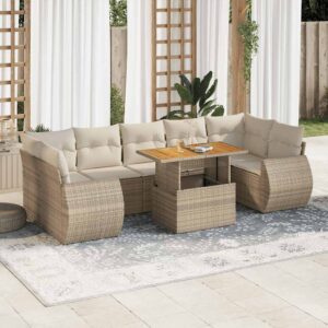 Set Divano da Giardino 8 pz con Cuscini Beige in Polyrattan
