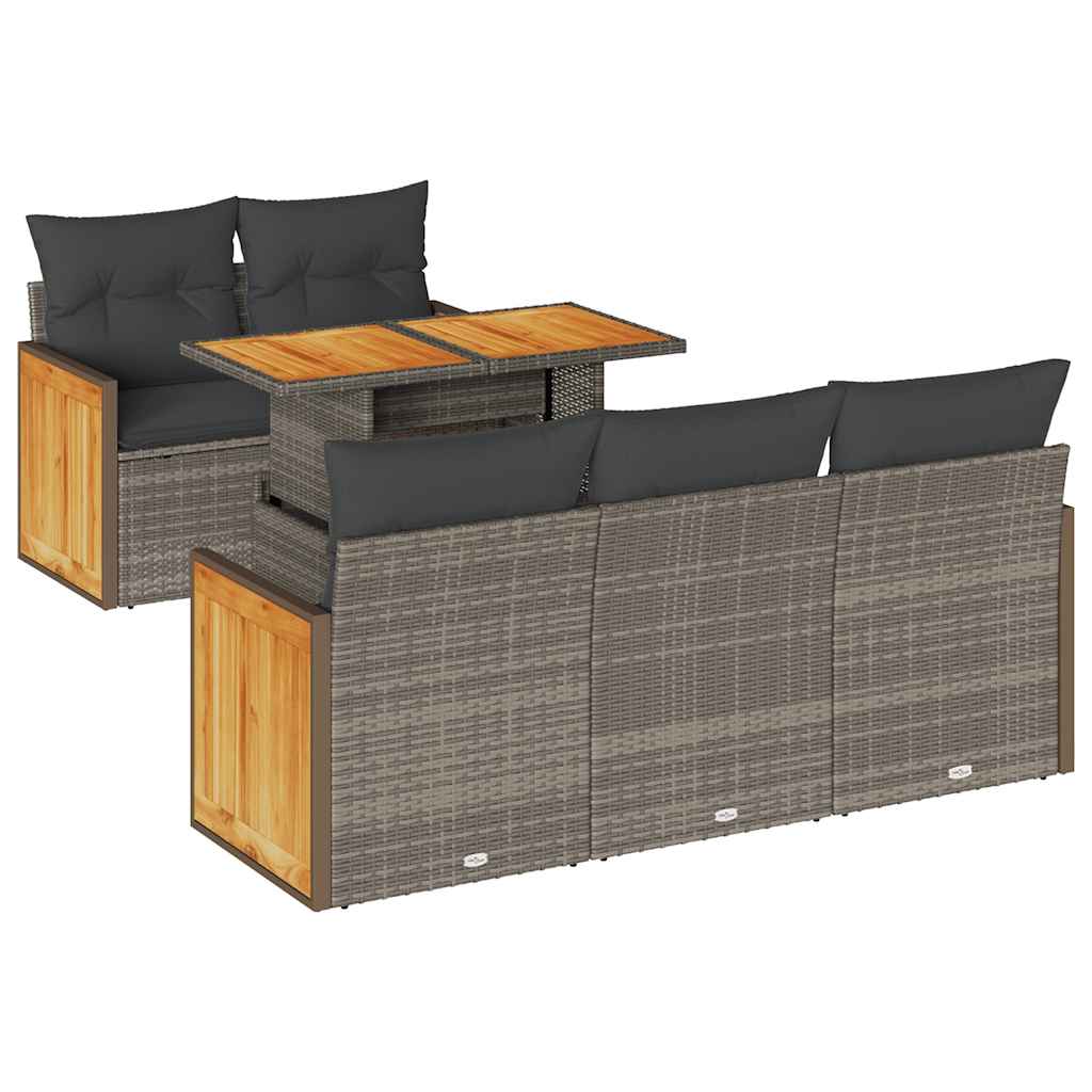 Set Divano da Giardino 6 pz con Cuscini Nero Polyrattan Acacia - immagine 2