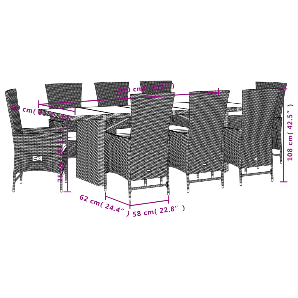 Set da Pranzo da Giardino 9 pz con Cuscini Beige in Polyrattan - immagine 4