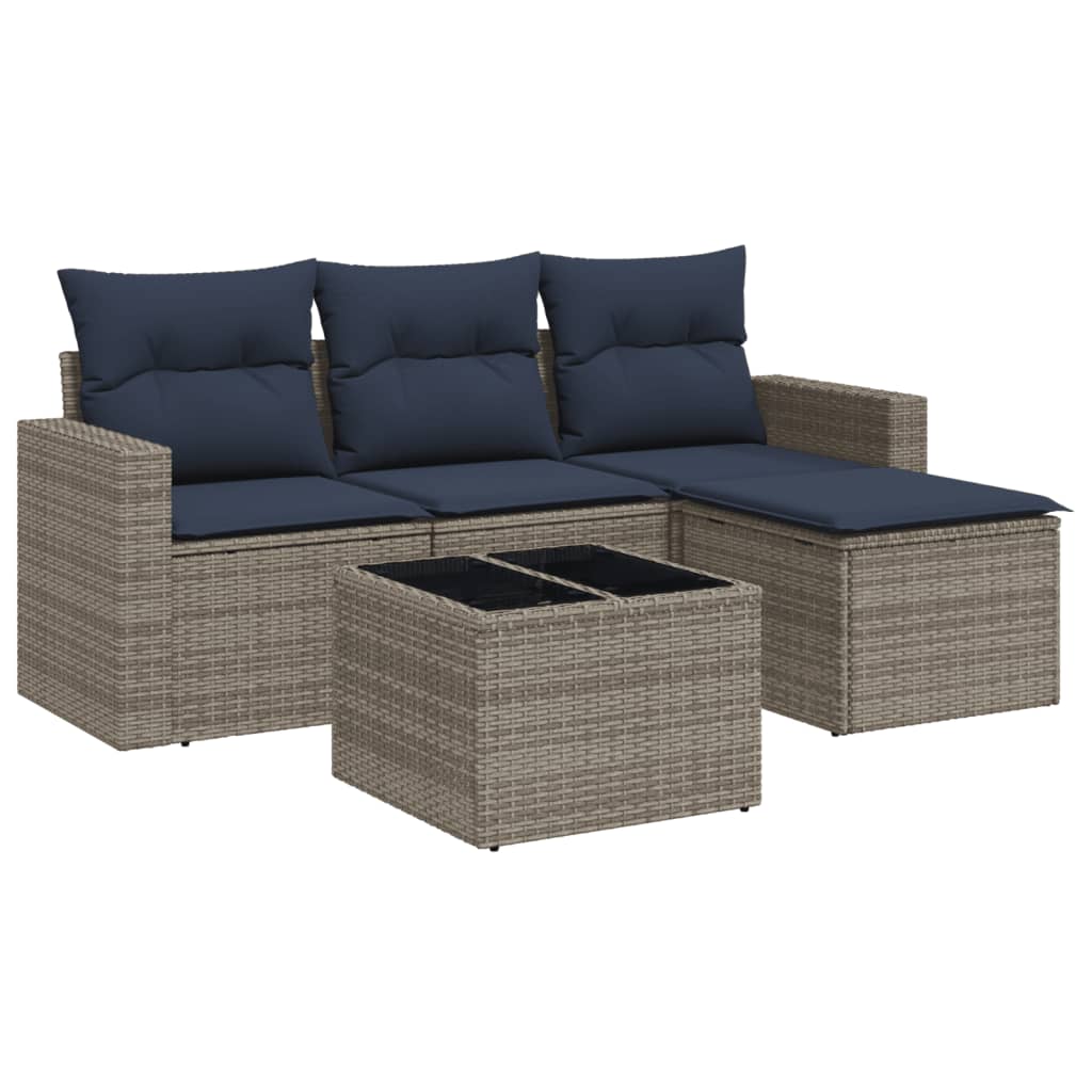 Set Divani da Giardino 5 pz con Cuscini Grigio in Polyrattan - immagine 2