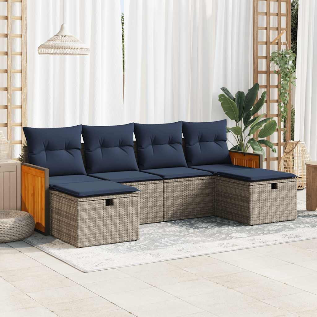 Set Divano da Giardino 6 pz con Cuscini Grigio in Polyrattan