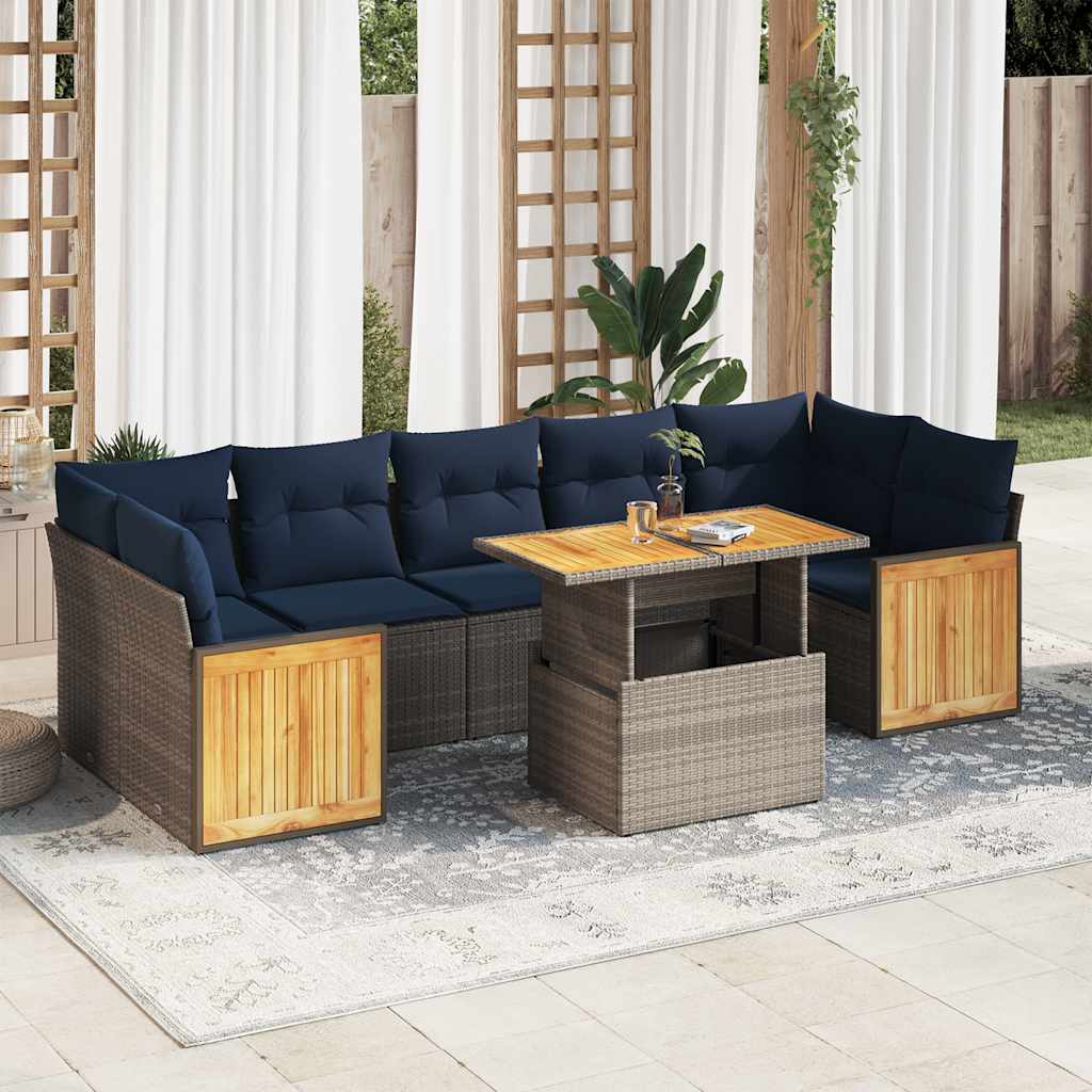 Set Divano da Giardino 8pz con Cuscini Grigio Polyrattan Acacia