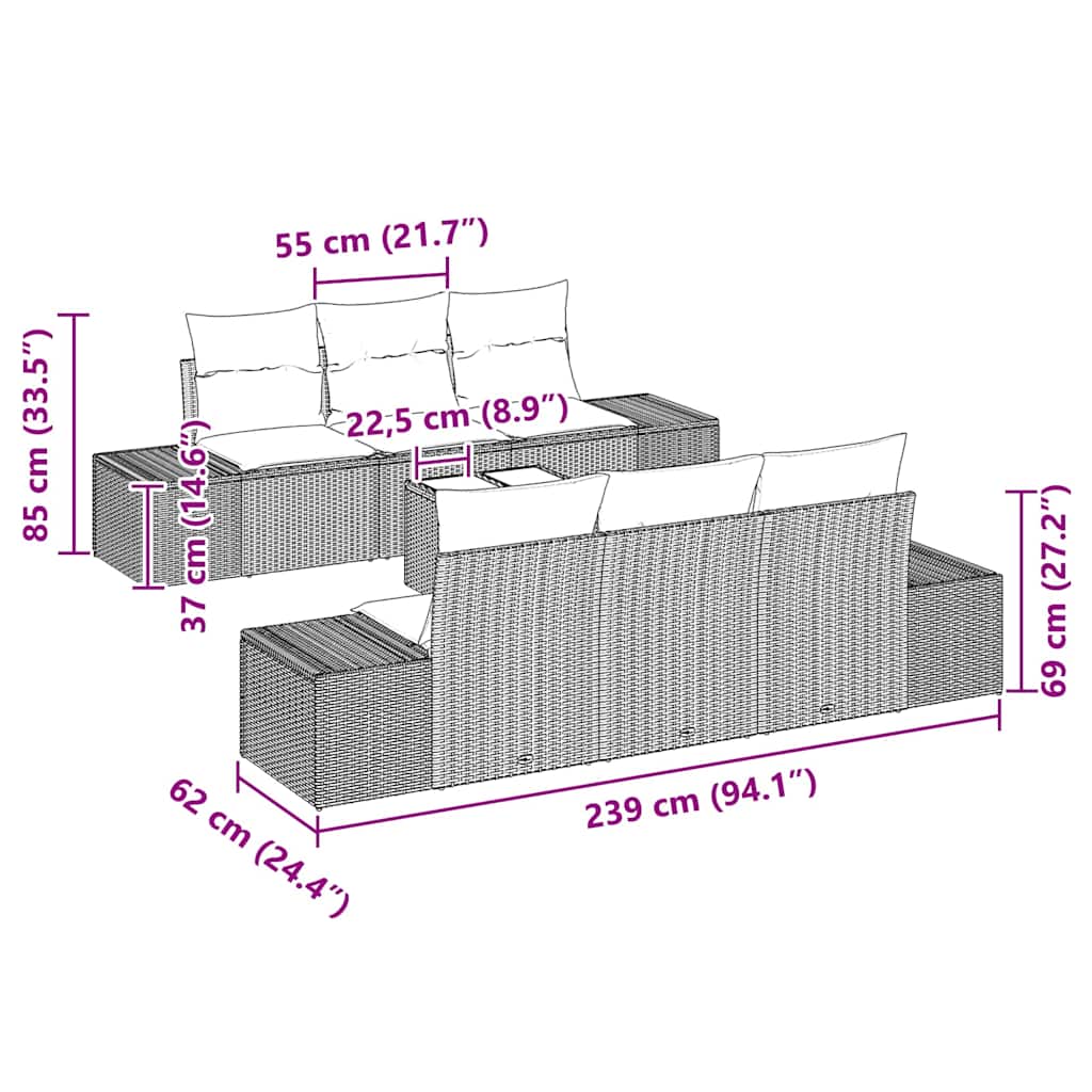 Set Divano da Giardino con cuscino 7 pcs Nero polyrattan - immagine 8