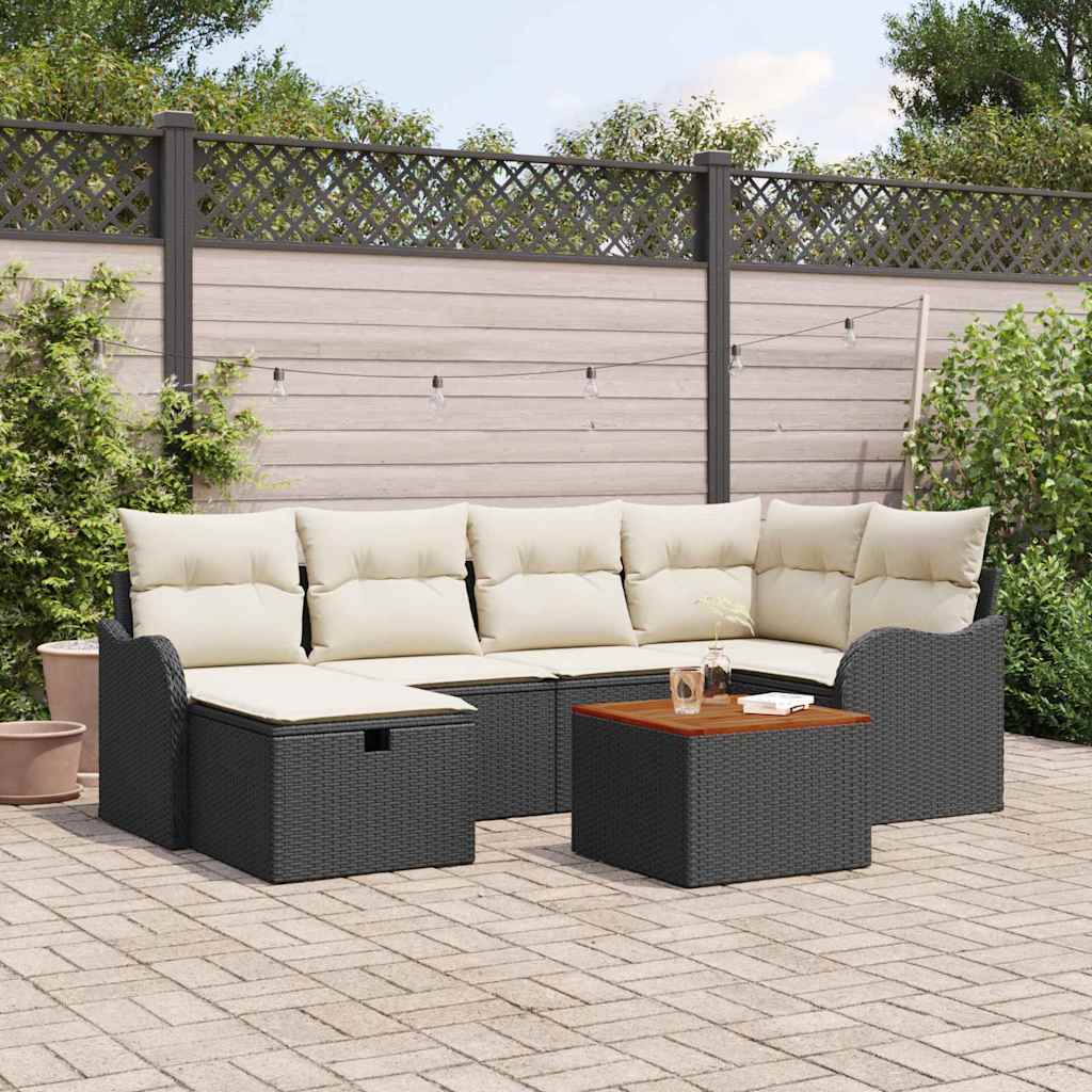 Set Divano da Giardino con cuscino 7 pcs Nero Poly Rattan