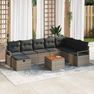 Set Divano da Giardino con cuscino 9 pcs Nero Poly Rattan