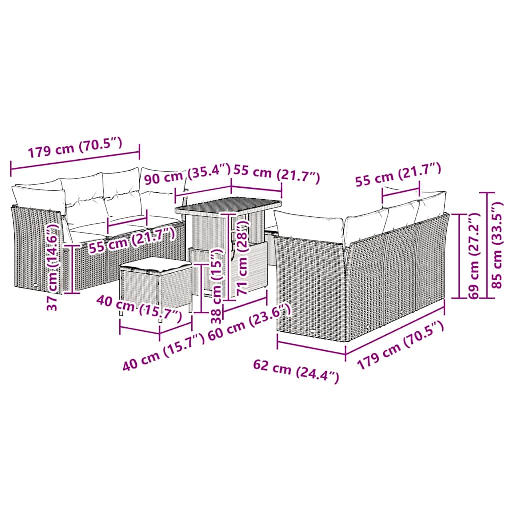 Set Divano da Giardino 9 pcs Grigio polyrattan - immagine 9