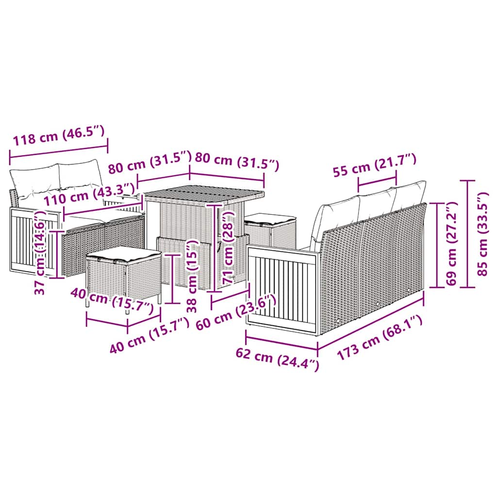 Set Divano da Giardino con cuscino 8 pcs Nero e crema - immagine 9